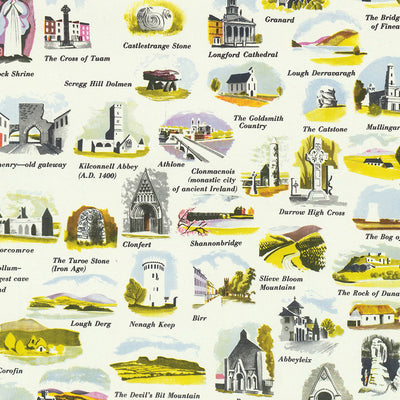 Antigua Mapa Pictórico de Irlanda, 1958: Dublín, Acantilados de Moher, Calzada del Gigante, Río Shannon, Castillo de Blarney 