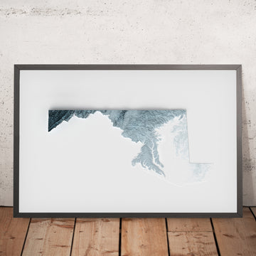 A framed image of a 3D style topographic relief map ofMaryland
