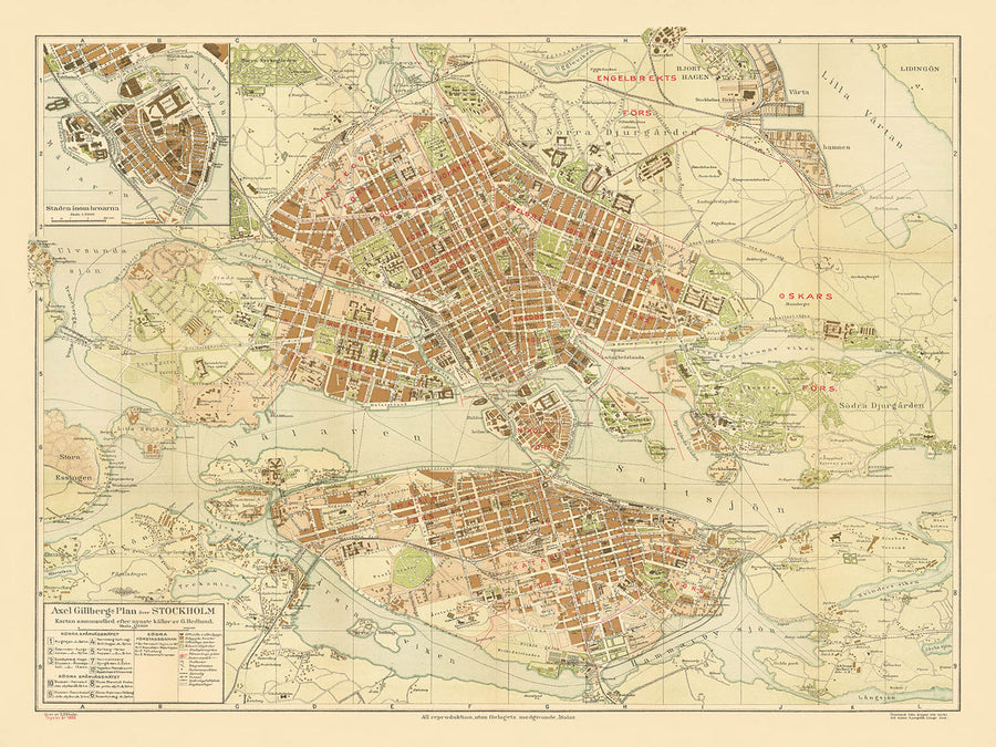 Mappa antica di Stoccolma di Gillberg, 1920: Gamla Stan, Djurgården, Palazzo Reale, Municipio, Stazione Centrale 