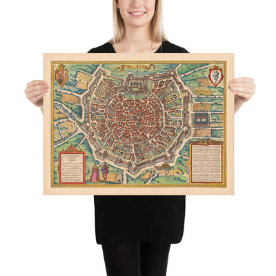 Ancienne carte de Milan par Braun & Hogenberg, 1572 : Cathédrale, Fortifications, Rues, Champs 