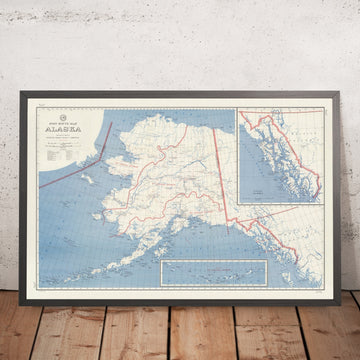 Old Post Route Map of Alaska, 1958: Anchorage, Fairbanks, Juneau, Alaska Highway, Aleutians