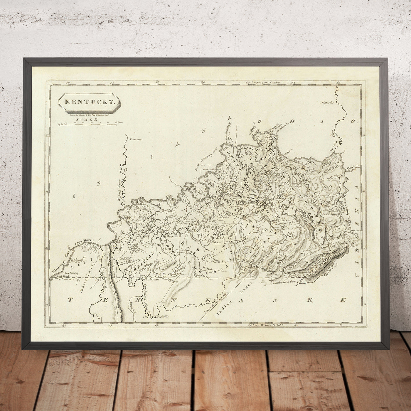 Old Map of Kentucky by Arrowsmith, 1804: Ohio & Mississippi Rivers, Cumberland Gap, Lexington, Louisville