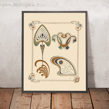 A framed image of Abstract Design with Wings and Leaves by Alphonse Mucha, 1900