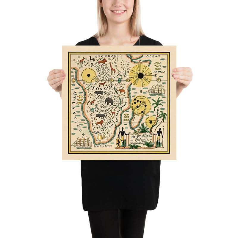 Old Map of South Africa by Mazuyer, 1931: Pictorial Style, Native Wildlife, Decorative Compass
