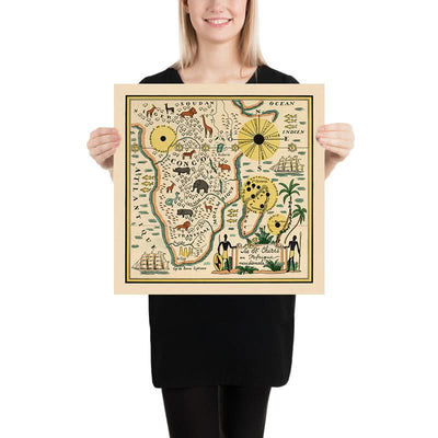 Old Map of South Africa by Mazuyer, 1931: Pictorial Style, Native Wildlife, Decorative Compass