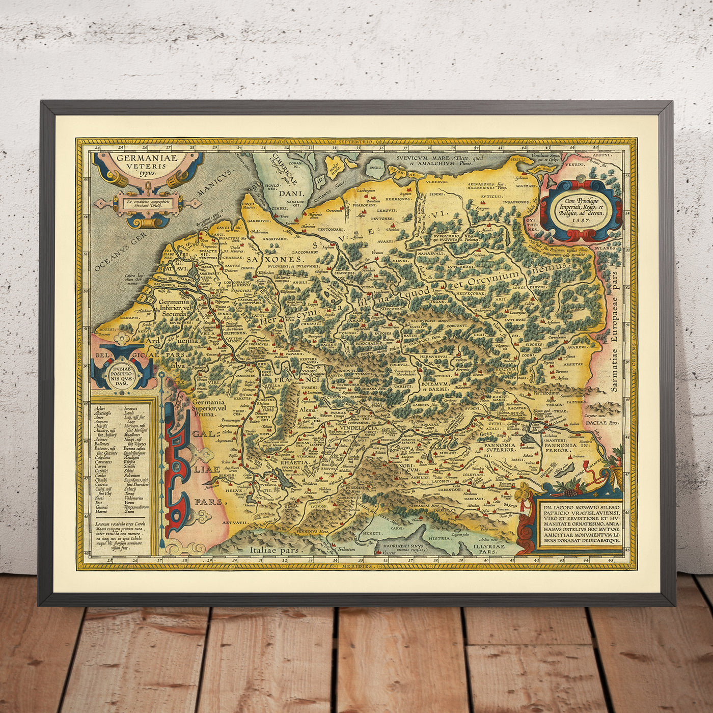 Mapa antiguo de Alemania y Polonia por Ortelius, 1624: Rin, Danubio, Mar del Norte, Bosques 