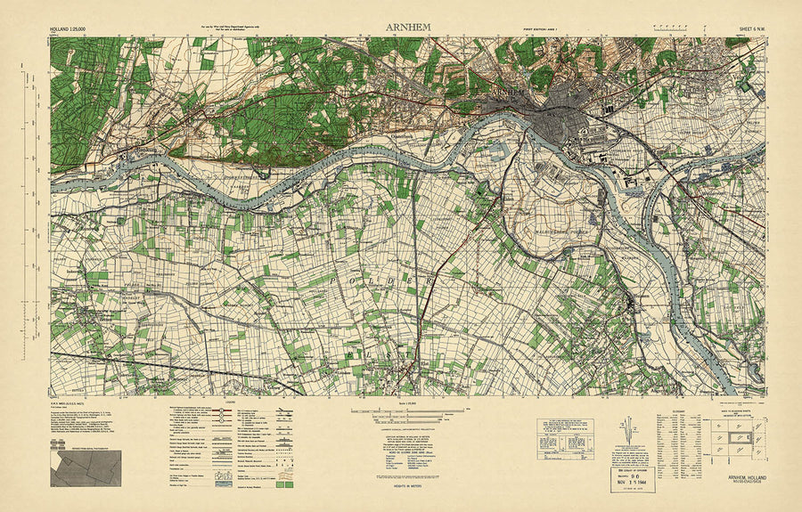Old US Army Map of Arnhem, Operation Market Garden, 1943: Rhine River, Bridges, Polders, Railways
