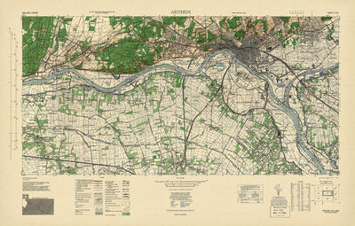 Antigua mapa del ejército de EE. UU. de Arnhem, Operación Market Garden, 1943: río Rin, puentes, polders, ferrocarriles 