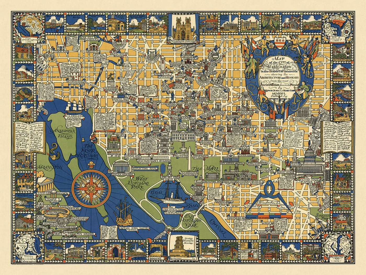 Old Pictorial Map of Washington D.C. by Olsen, 1926: White House, Capitol, Lincoln Memorial, Georgetown, The Mall
