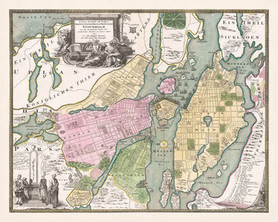 Old Map of Stockholm by Homann, 1720: Royal Palace, Riddarholmen, Mälaren, Djurgården, Skeppsbron