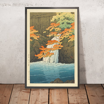 Una imagen enmarcada de la Cascada Senju, Akame, de Hasui Kawase, 1935