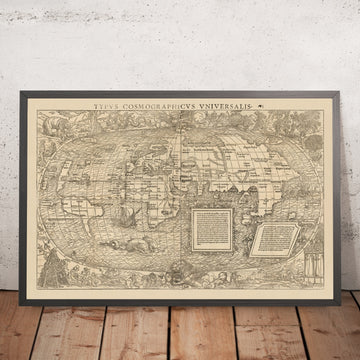Typus Cosmographicus Universalis by Münster, 1555: Oval world map, Holbein mythic border, early Americas