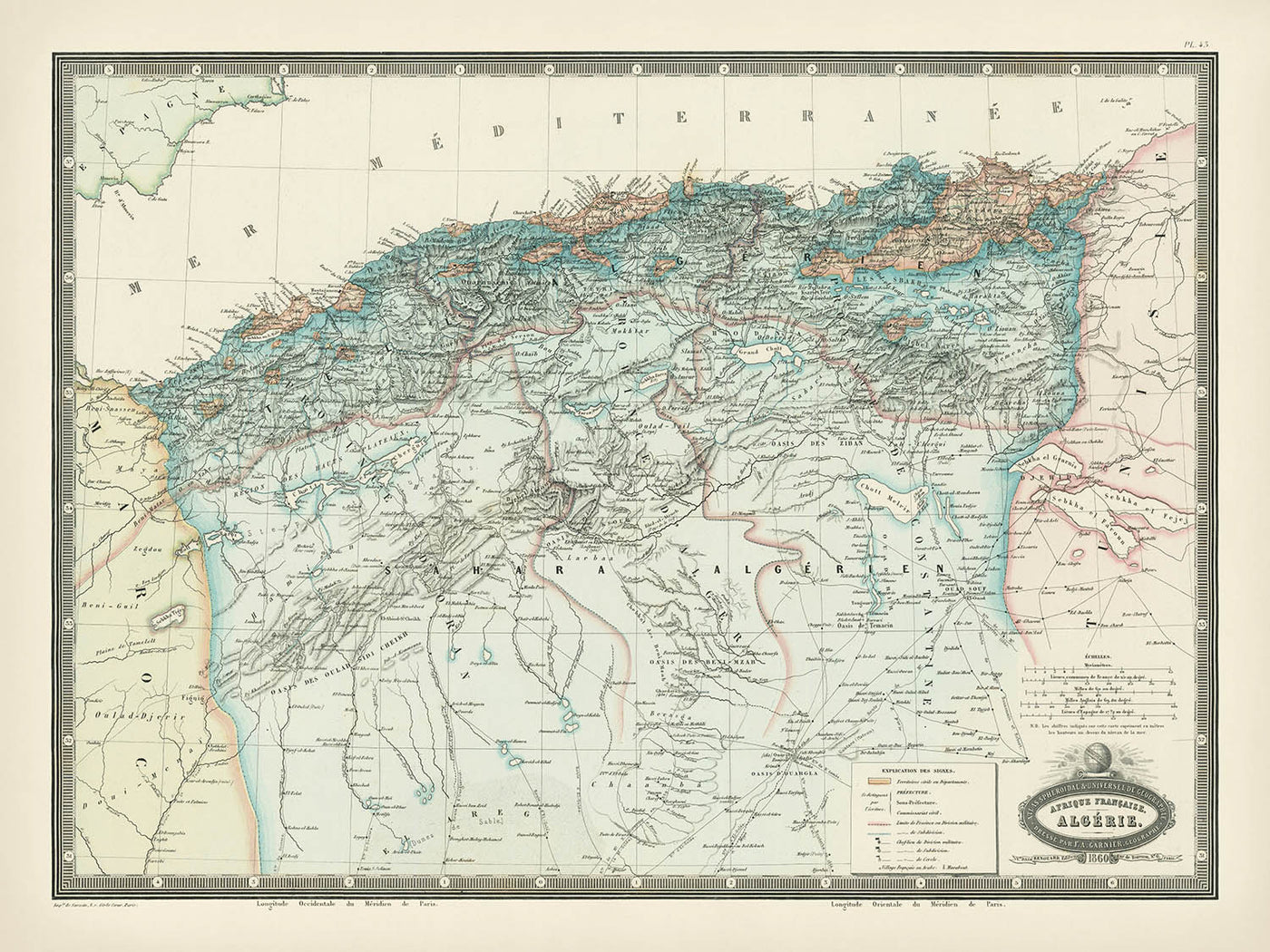 Old Map of Algeria by Garnier, 1860: French Africa, Algiers, Oran, Constantine