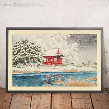 Una imagen enmarcada del Santuario Inokashira Benten en la nieve, de Hasui Kawase, 1935