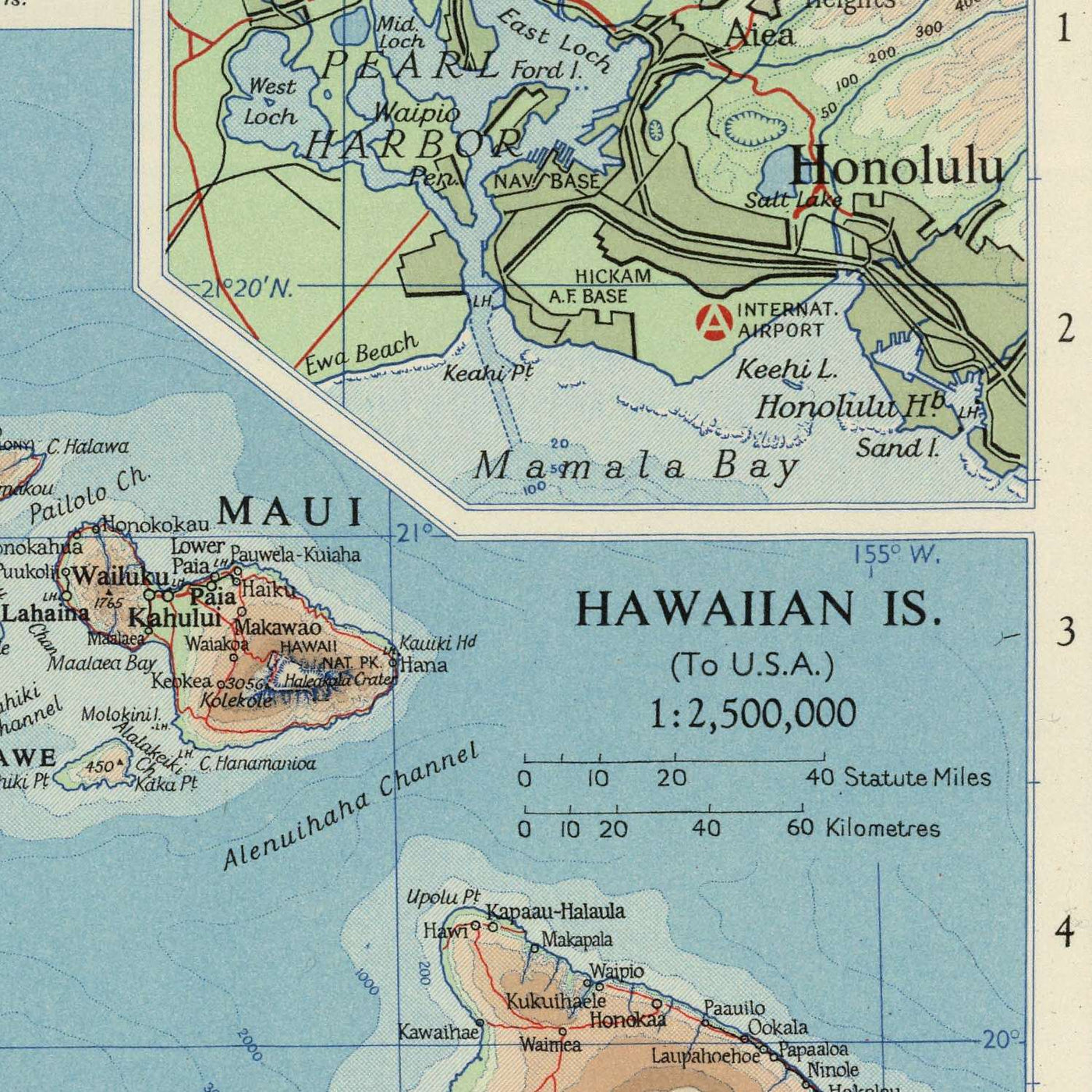 Ancienne carte de l'océan Pacifique par Bartholomew, 1957 : cartes insérées, ombrage de relief 