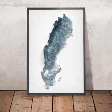 A framed image of a 3D style topographic relief map ofSweden