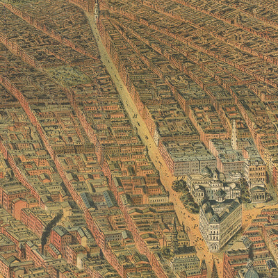 Old Birdseye Map of New York by Wachsmuth, 1898: Broadway, Central Park, Brooklyn Bridge, Governor's Island