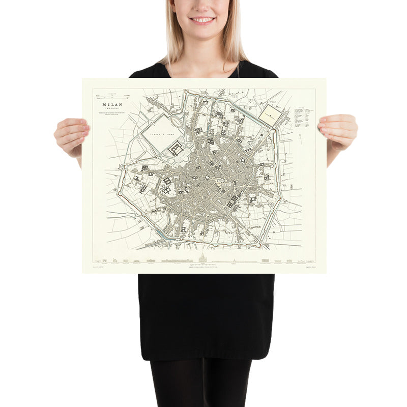Old Map of Milan, 1832: Duomo, Sforza Castle, Piazza d'Armi, Royal Palace, Lazzaretto