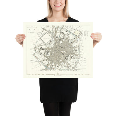 Old Map of Milan, 1832: Duomo, Sforza Castle, Piazza d'Armi, Royal Palace, Lazzaretto