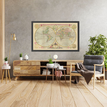 Grande mappa del mondo emisferica antica di Moll, 1760: California come isola, Hokkaido in Siberia 