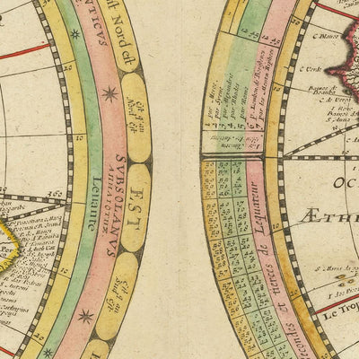 Carte du vieux monde des hémisphères est et ouest par Tavernier, 1661 : la Californie comme île, vents classiques, dessin concentrique