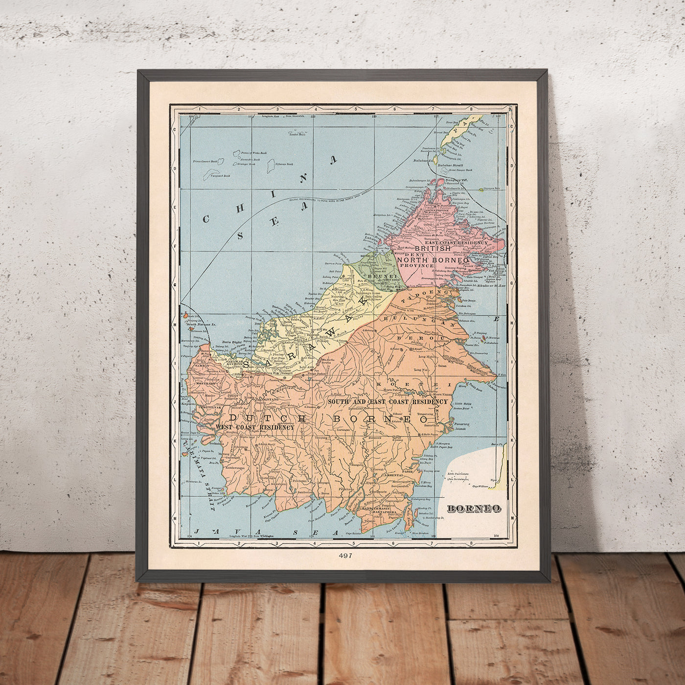 Old Colonial Map of Borneo by Cram, 1901: British North Borneo, Sarawak, Dutch Borders, Kuching, Sandakan