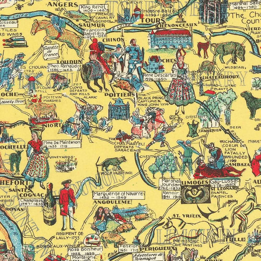 Antigua Mapa Histórico de Francia, 1936: Historias, Batallas, Monumentos, Personas Famosas 