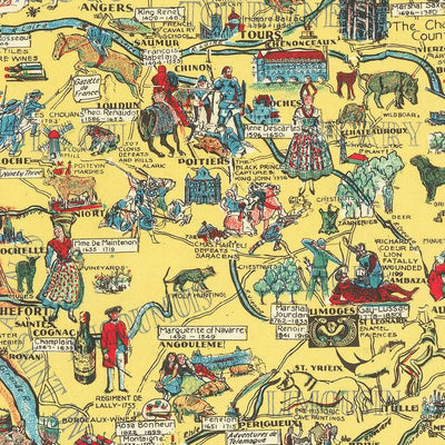 Antigua Mapa Histórico de Francia, 1936: Historias, Batallas, Monumentos, Personas Famosas 