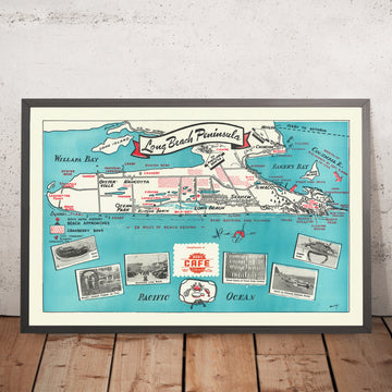 Alte bildliche Karte der Long Beach Peninsula, WA von Mulvey, 1950: Ilwaco, Oysterville, Ocean Park, North Head, Willapa Bay 