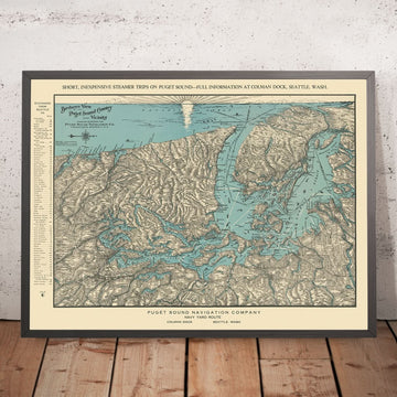 Ancienne carte Birdseye de la région de Puget Sound, 1927 : Seattle, Tacoma, péninsule Olympique, îles San Juan, mont Rainier 