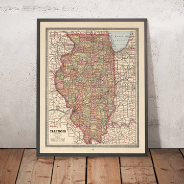 Antiguo mapa de condados de Illinois de Cram, 1883: Chicago, Springfield, lago Míchigan, río Misisipi, río Illinois 