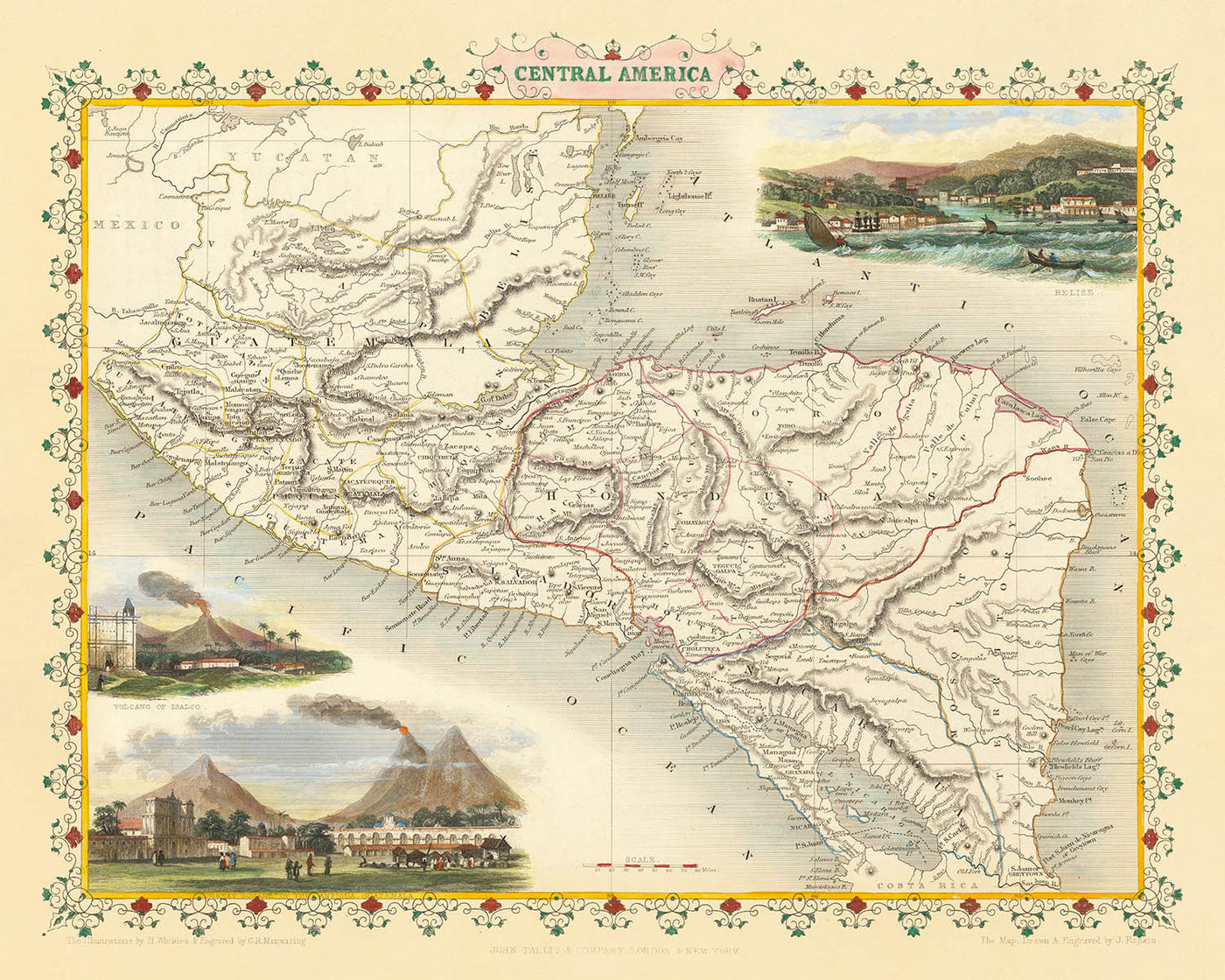 Old Map of Central America by John Tallis, 1851: Guatemala, Honduras, Antigua, Belize, Mosquito Territory, Nicaragua