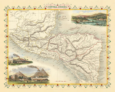 Old Map of Central America by John Tallis, 1851: Guatemala, Honduras, Antigua, Belize, Mosquito Territory, Nicaragua