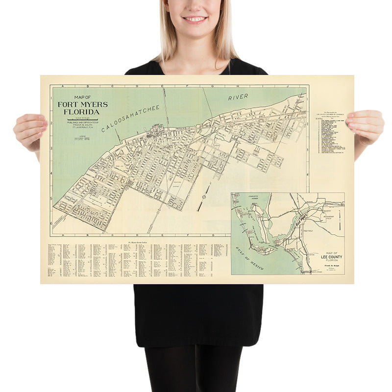 Mappa della Città Vecchia di Fort Myers Florida di Frank B. Dolph, 1945: Caloosahatchee, Municipio, Bacino per yacht, Tribunale, Campo da golf 