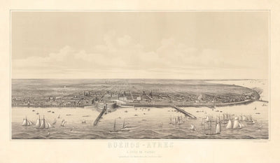 Antigua Mapa de Buenos Aires de Bird's Eye por Dulin, 1880: Casa Rosada, Puerto Madero, Correo Central, Gabildo, Río de la Plata 