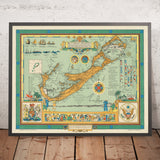 Old Pictorial Map of Bermuda by Kirkpatrick, 1947: Hamilton, St George's, Dockyard, ships, heraldry
