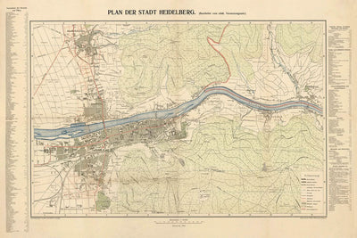 Plan de la vieille ville de Heidelberg par Rübsamen, 1907 : Château, Neckar, Neuenheim, Bergheim, Philosophenweg