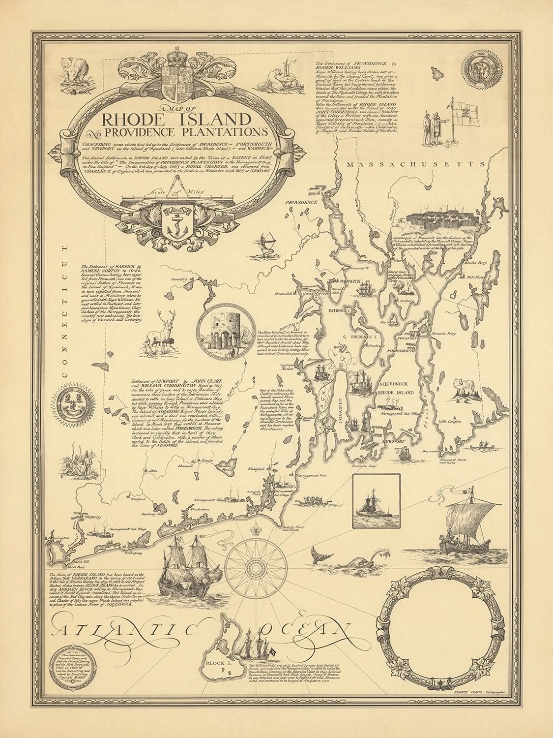 Antigua Mapa Pictórico de Rhode Island por Clegg, 1925: Providence, Newport, Barcos, Isla Block 