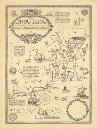 Antigua Mapa Pictórico de Rhode Island por Clegg, 1925: Providence, Newport, Barcos, Isla Block 