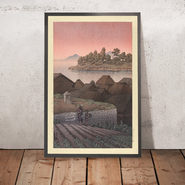 A framed image of Beautiful Dawn and Farming Village by Hasui Kawase, 1937