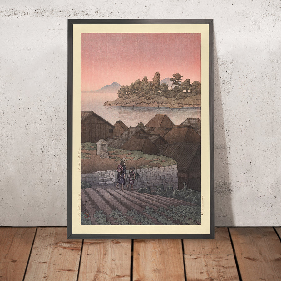 A framed image of Beautiful Dawn and Farming Village by Hasui Kawase, 1937