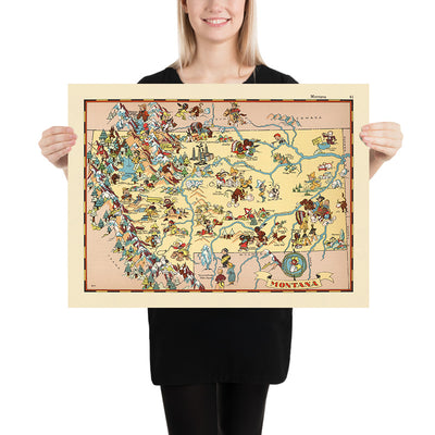 Pictorial Map of Montana by Ruth Taylor White, 1935: Billings, Missoula, Yellowstone & Glacier National Parks, Rocky Mountains, Missouri River