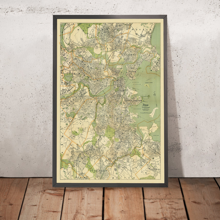 Grande mappa stradale antica di Boston di Walker, 1905: Boston Common, Harvard, fiume Charles, Back Bay 