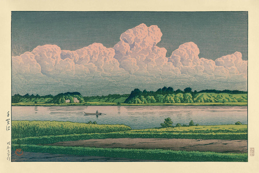 Wolken über einem Boot auf dem Fluss von Hasui Kawase, 1935 