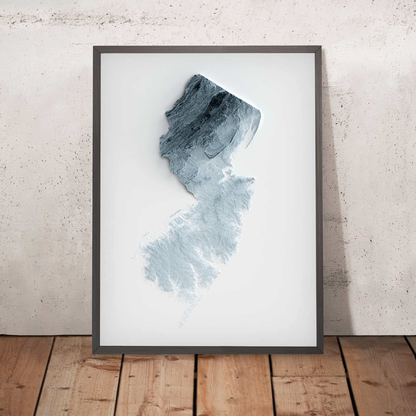 A framed image of a 3D style topographic relief map ofNew Jersey