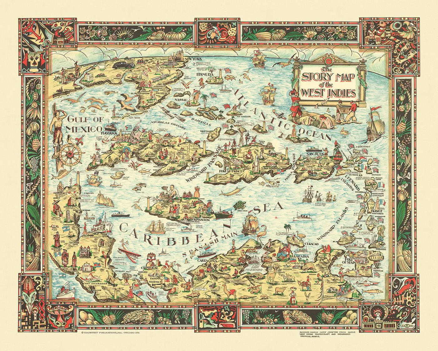 Alter bildlicher Plan der Karibik, 1936: Havanna, Nassau, Kingston, Golf von Mexiko 