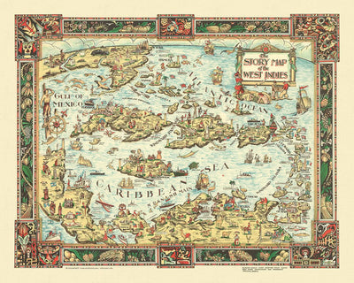 Alter bildlicher Plan der Karibik, 1936: Havanna, Nassau, Kingston, Golf von Mexiko 