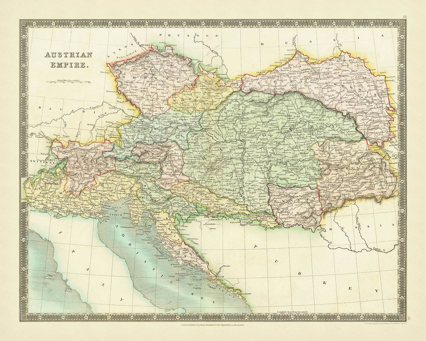 Old Map of the Austrian Empire by Teesdale, 1834: Bohemia, Galicia, Slovenia, Croatia, Alps