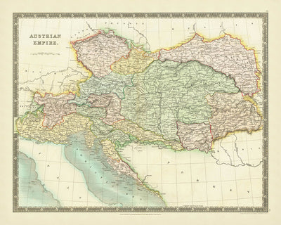 Old Map of the Austrian Empire by Teesdale, 1834: Bohemia, Galicia, Slovenia, Croatia, Alps