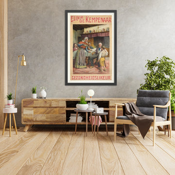 A framed image of Elixir de Kempenaar Vintage Liqueur Poster by Évariste Carpentier, 1903